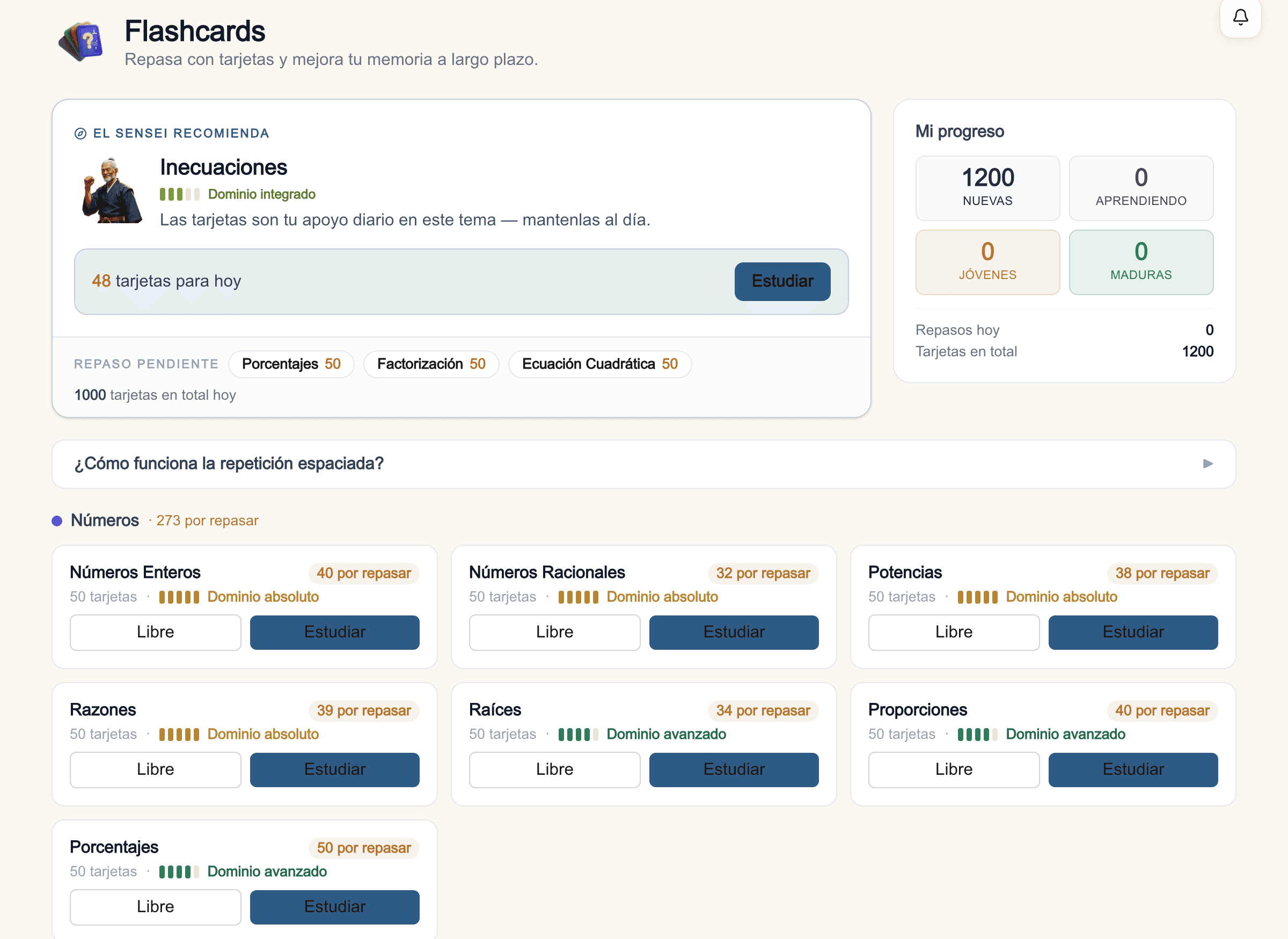 Las Flashcards reales de Satori: el SensAI recomienda la tanda del día y cada mazo muestra tu nivel de dominio