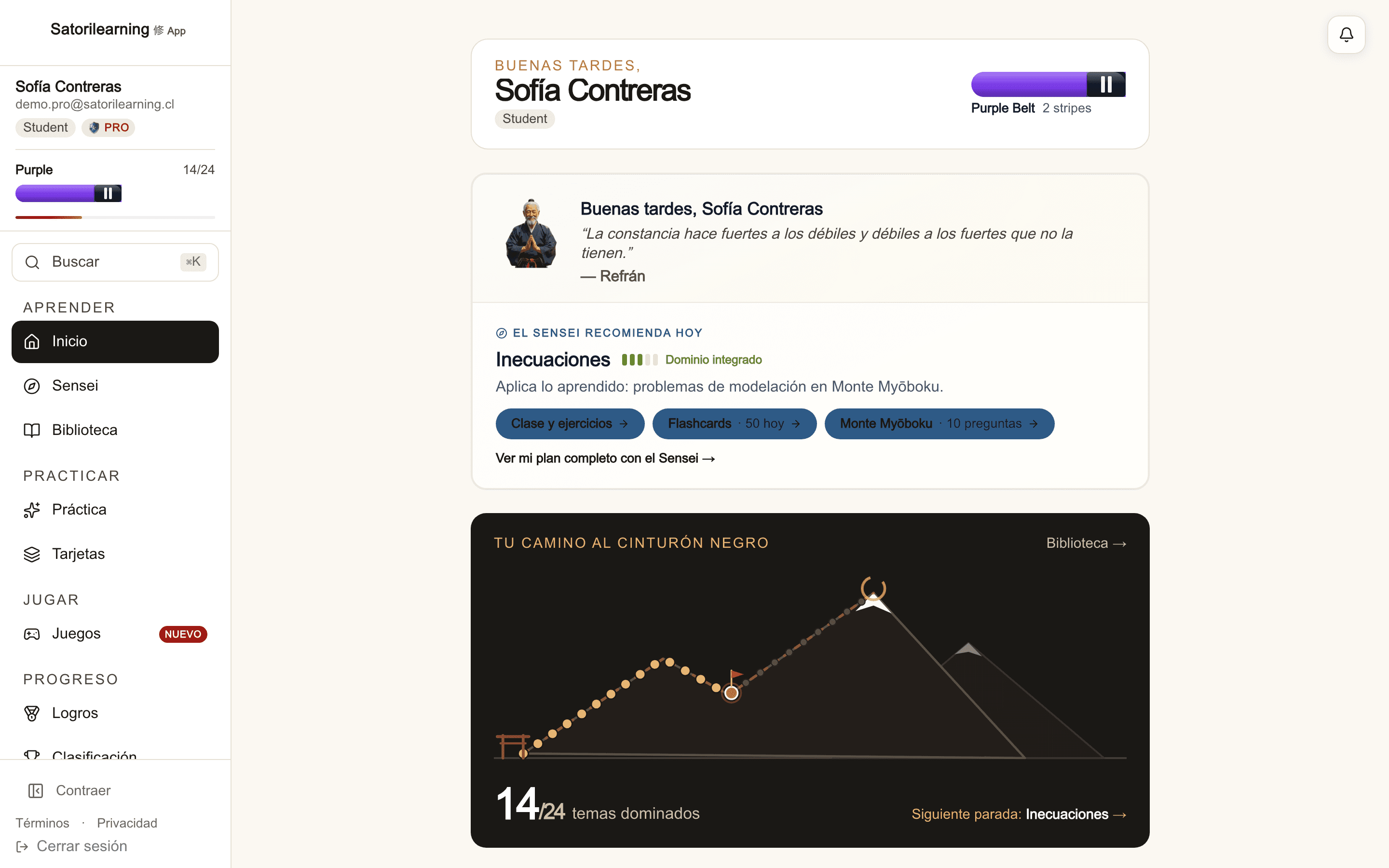 Pantalla de inicio real de Satori: el SensAI recomienda el tema del día y muestra tu camino al cinturón negro