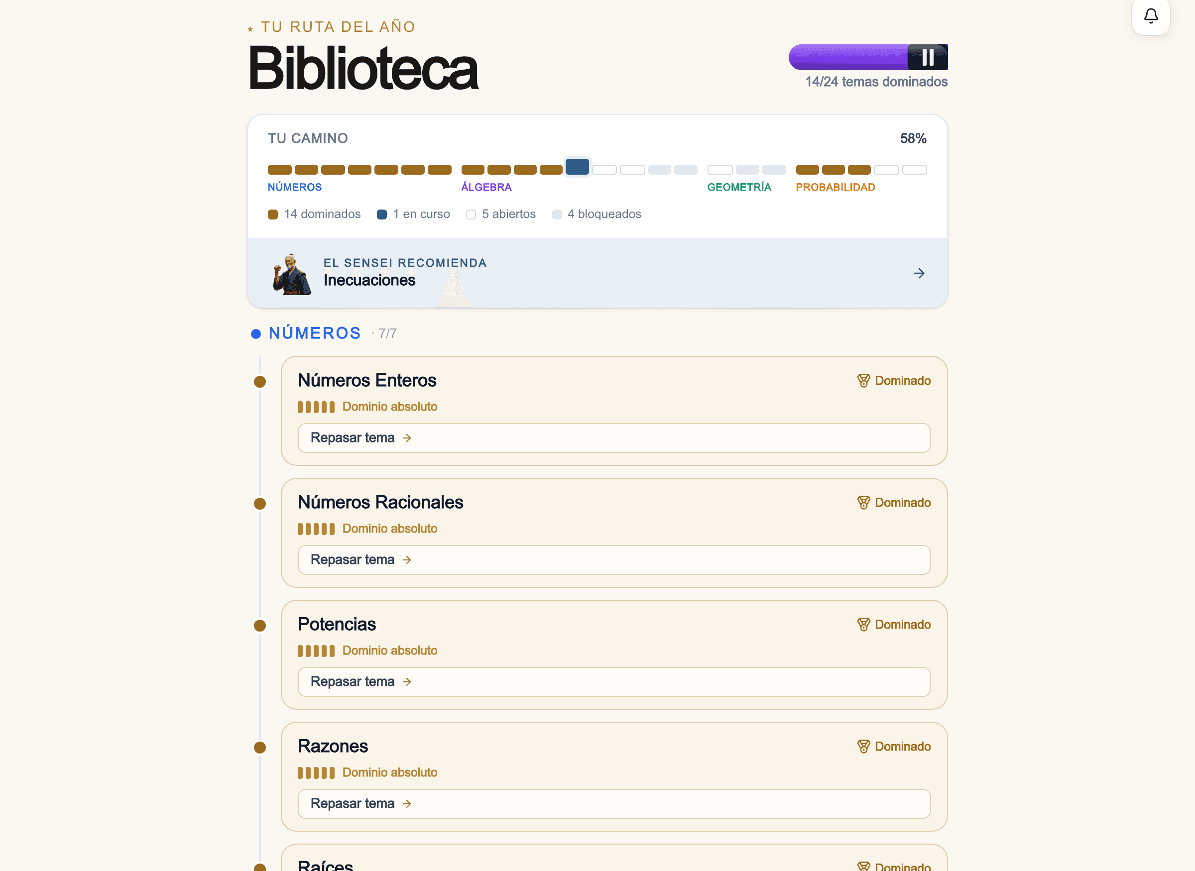 La Biblioteca real de Satori: el camino de 24 temas con tu progreso, el tema recomendado por el SensAI y los exámenes de cinturón