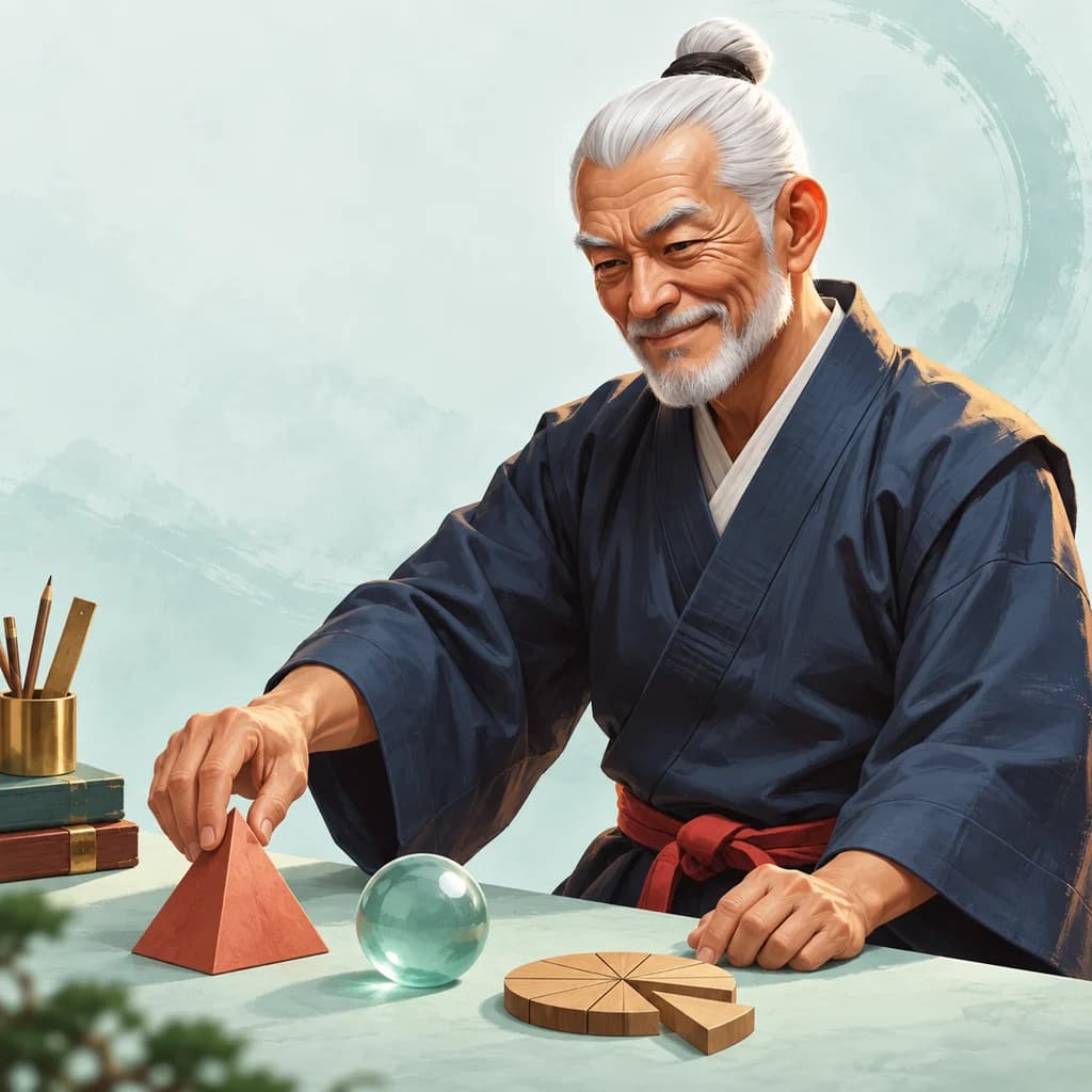 Sensei organiza una pirámide, una esfera y un círculo dividido en partes sobre una mesa.